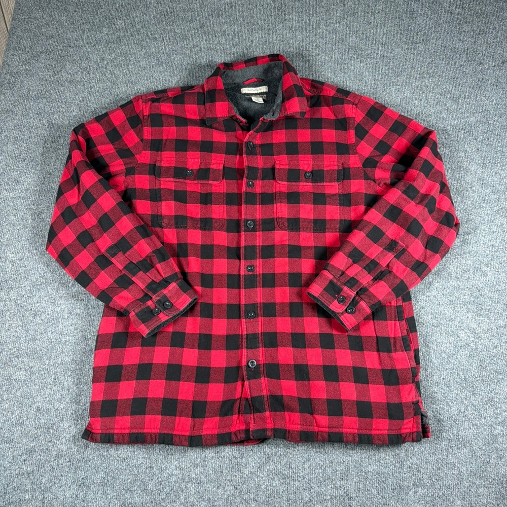 L.L. Bean Fleece Lined Flannel Shirt Jacket Mens Large Traditional Fit Red Black